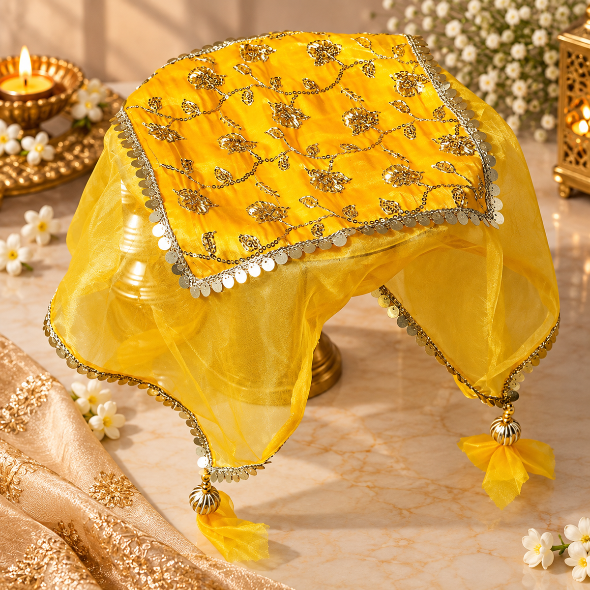 Yellow Embroidery Designer Thali Cover