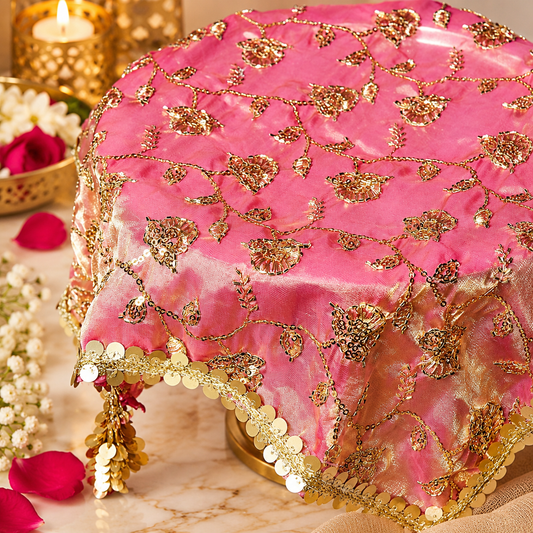 Peach Sqaure Embroidered Thali Cover