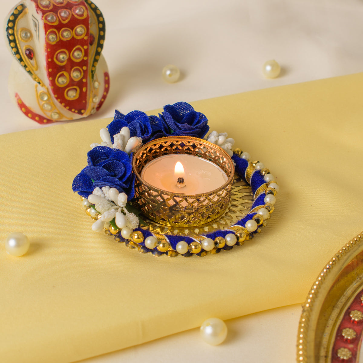 Blue Rose Decorative T-Light Candle Holders with Golden Pearl Border – Set of 2