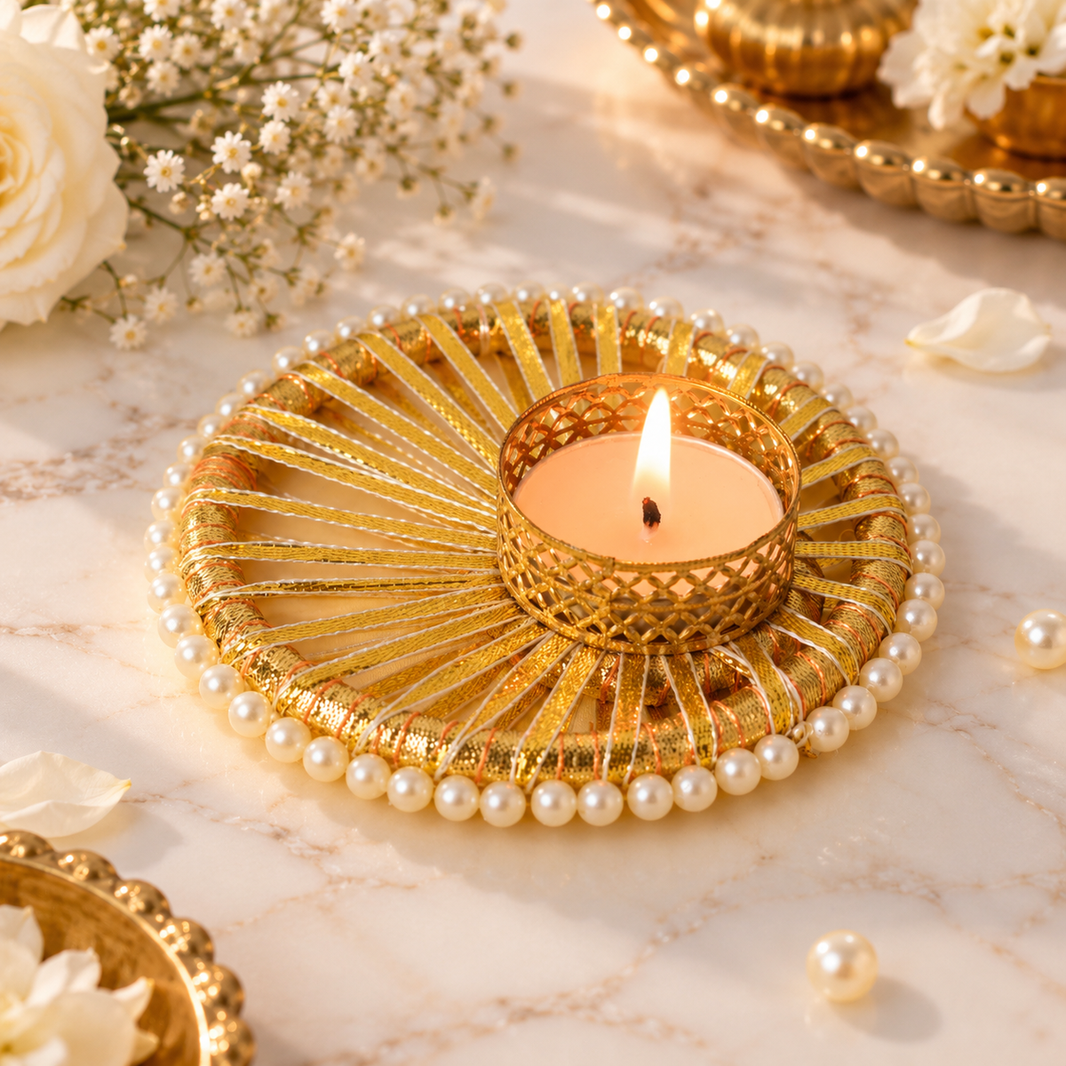 Decorative Golden T-Light Candle Holder (Set of 2)