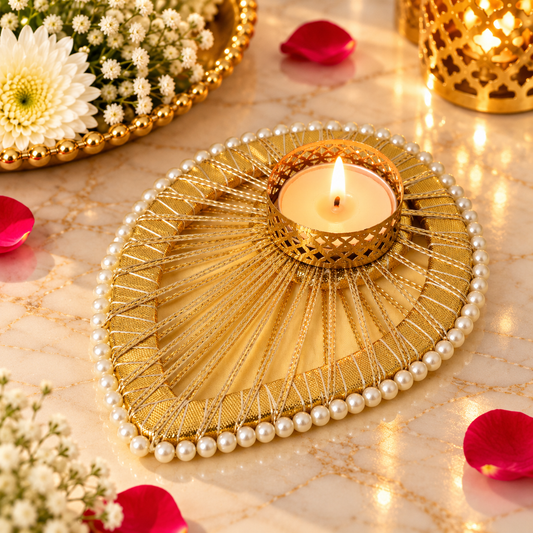 Golden Decorative T-Light Candle Holders with Pearl Border – Set of 2