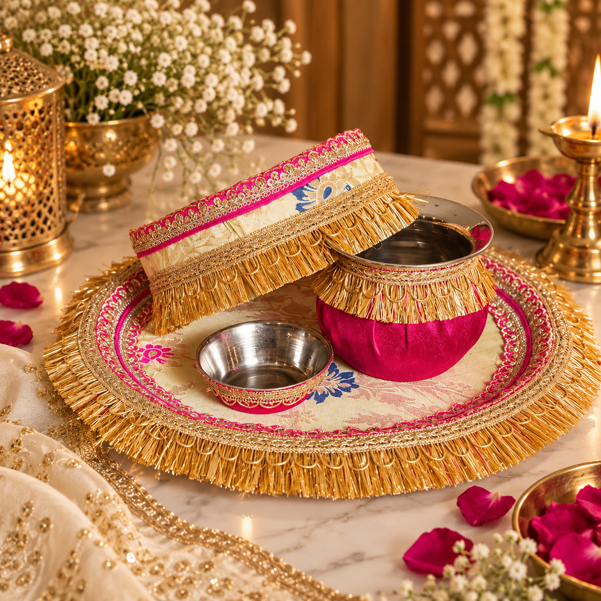 Green Contrast Karwa Chauth Thali Set