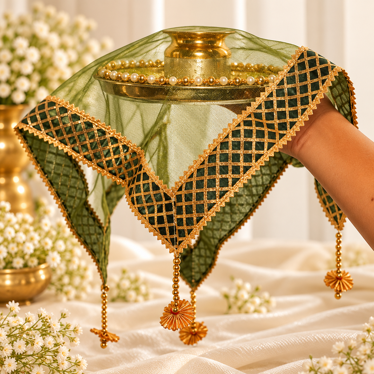 Green Sqaure Gota Patti Thali Cover