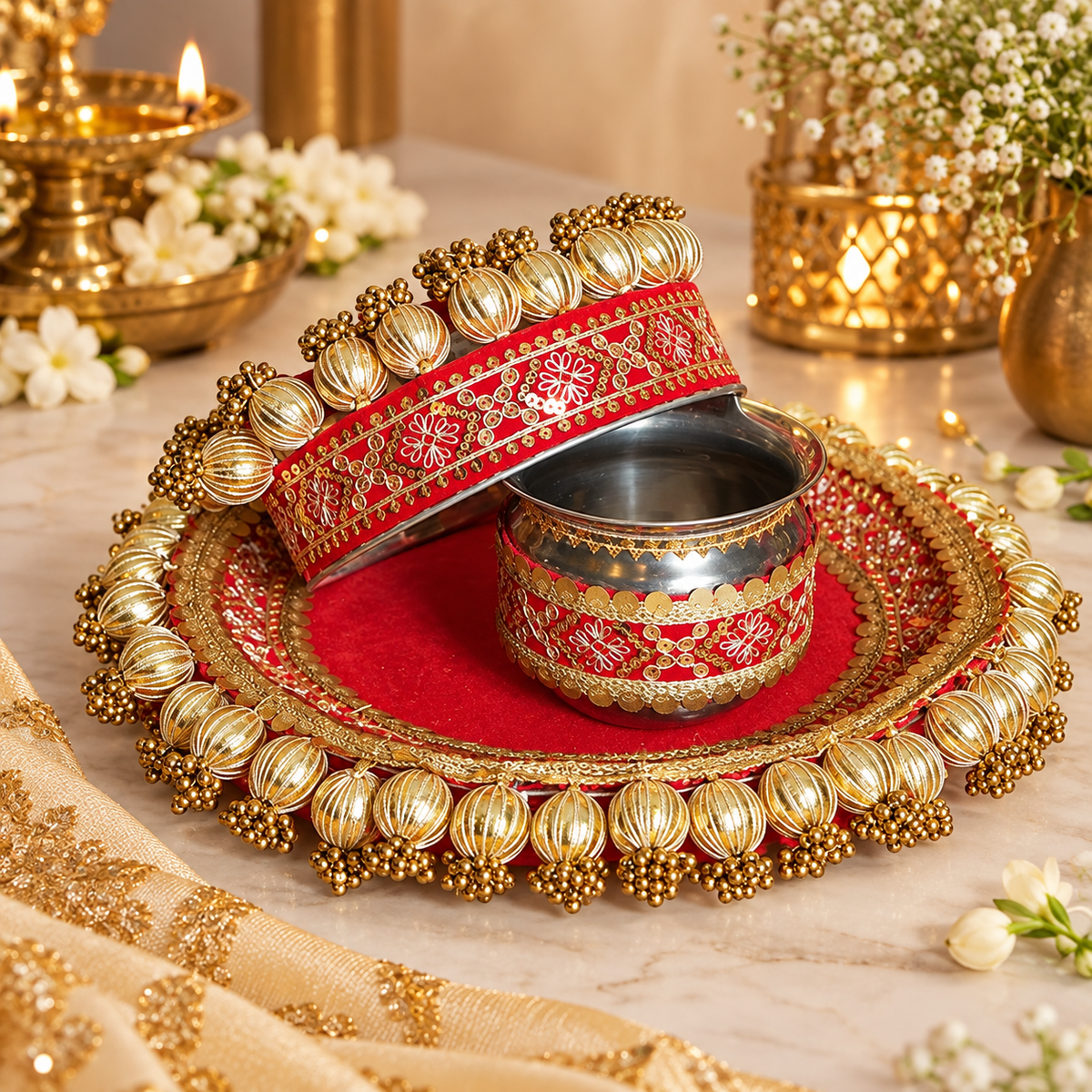 Red Suhagni Karwa Chuath Thali Set