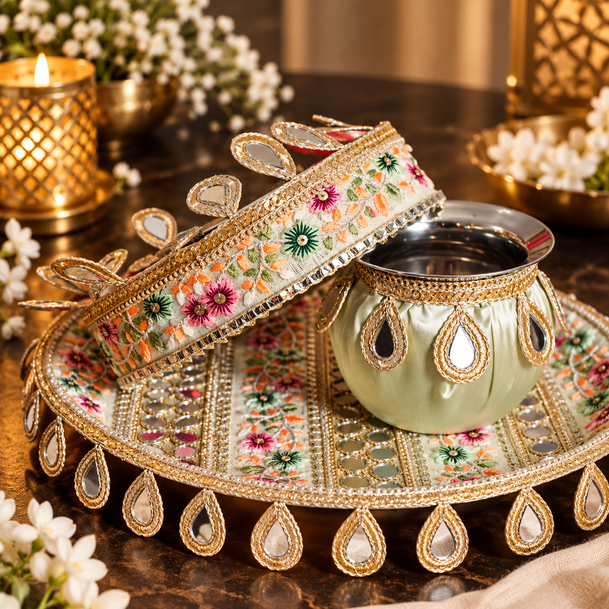 Mint Mirror Work Karwa Chauth Thali Set