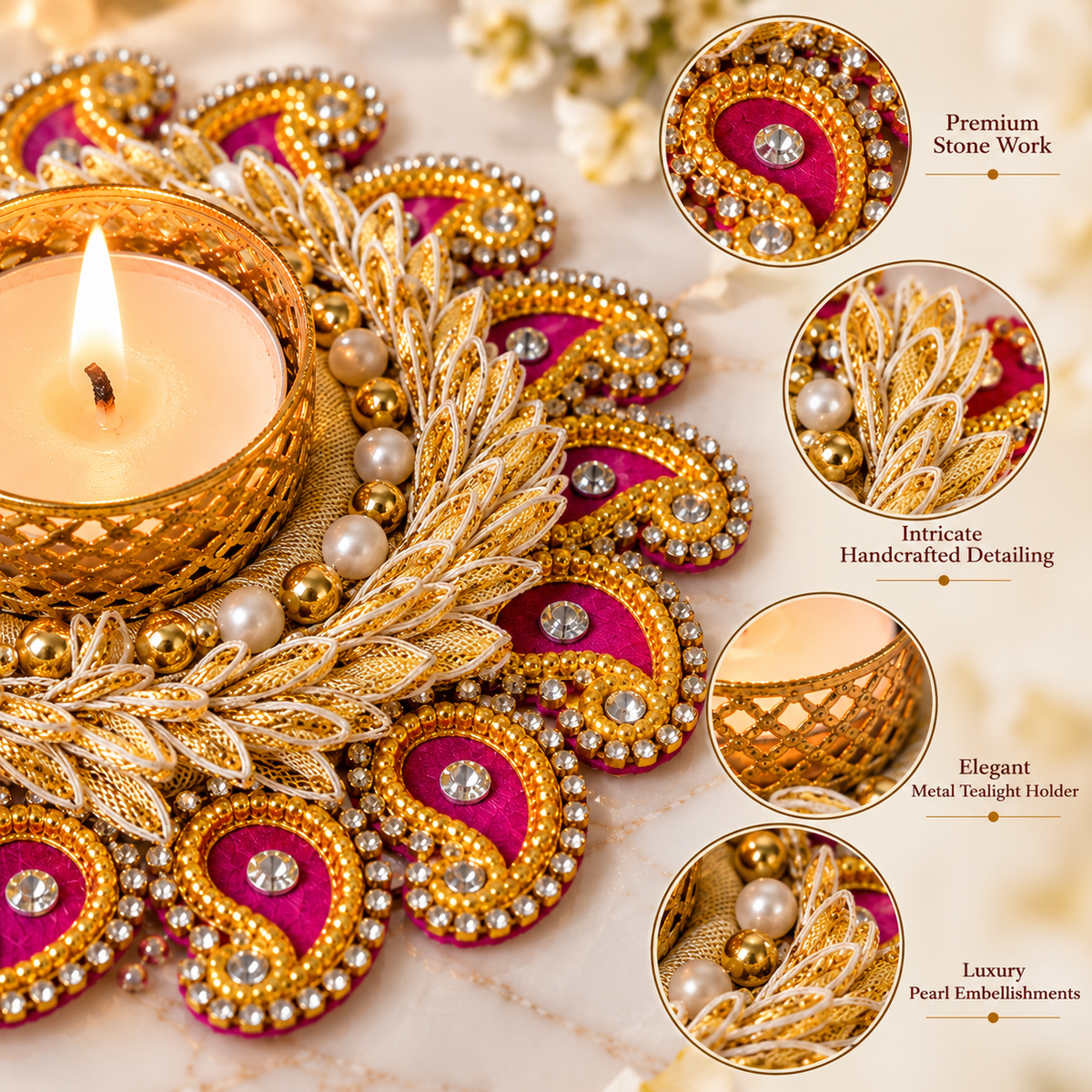 Decorative Paisley T-Light Candle Holder with Golden Embellishments (Set of 2)