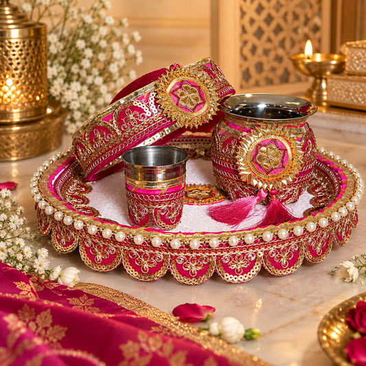 Maharini Pink Karwa Chauth Thali Set With Thali Cover