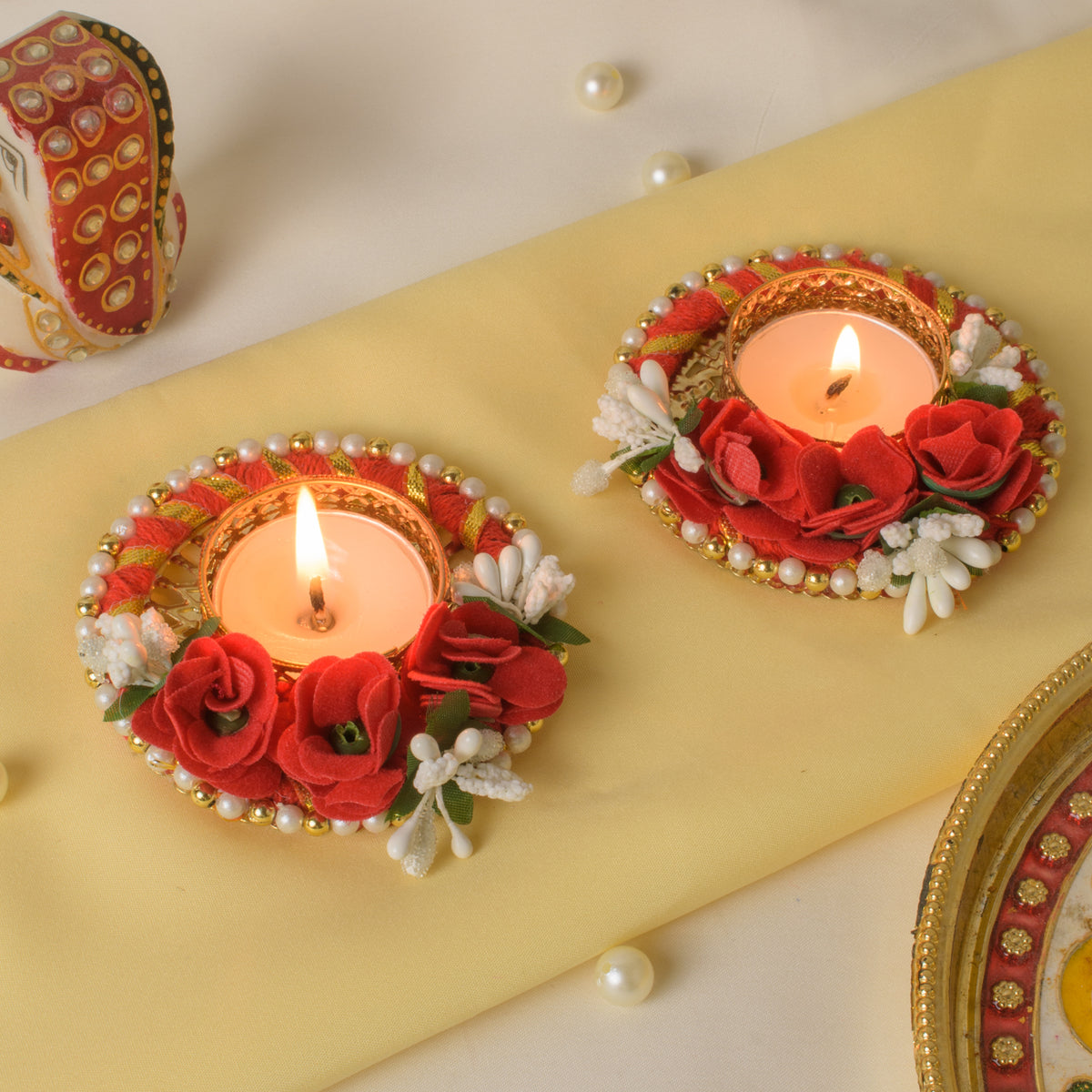 Red Rose Decorative T-Light Candle Holders with Pearl Border – Set of 2