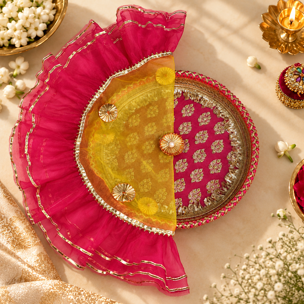 Yellow And Pink Round Thali Cover