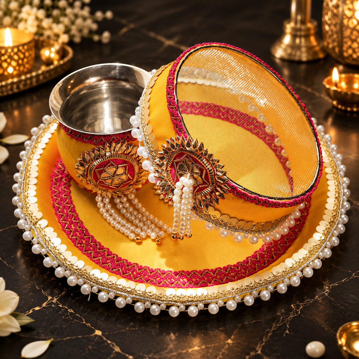 Yellow and Pink Karwa Chauth Thali Set