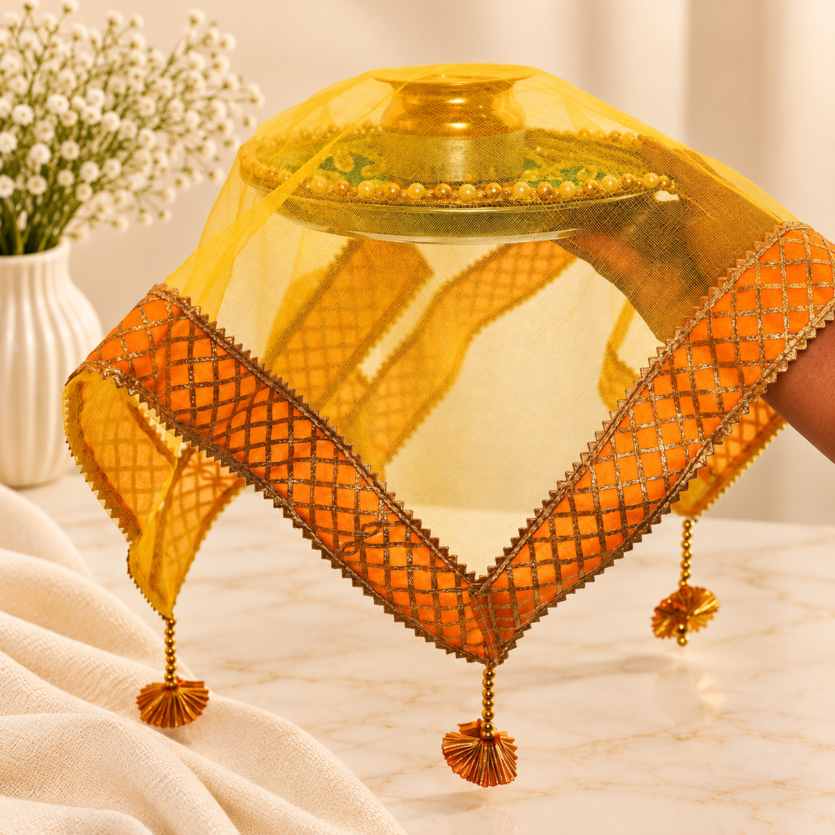 Yellow Sqaure Gota Patti Thali Cover