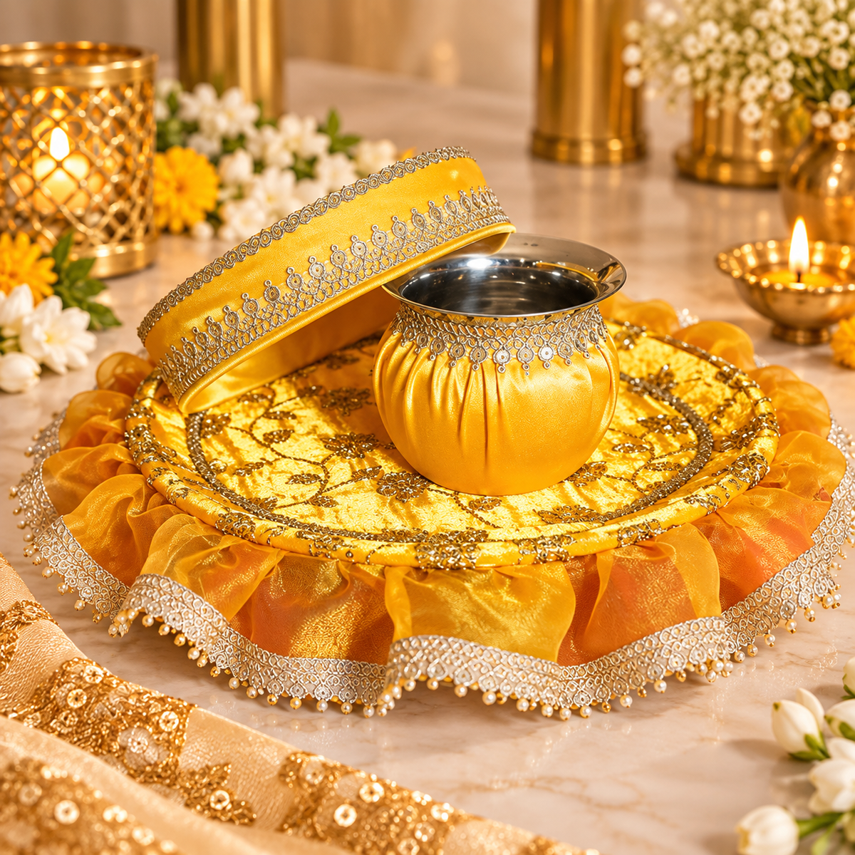 Luxury Yellow Karwa Chauth Thali Set