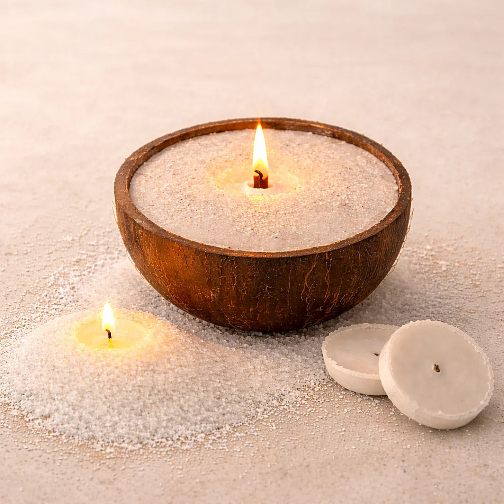Farmaishy Premium Coconut Shell with Sand Wax Candle Set Of 2
