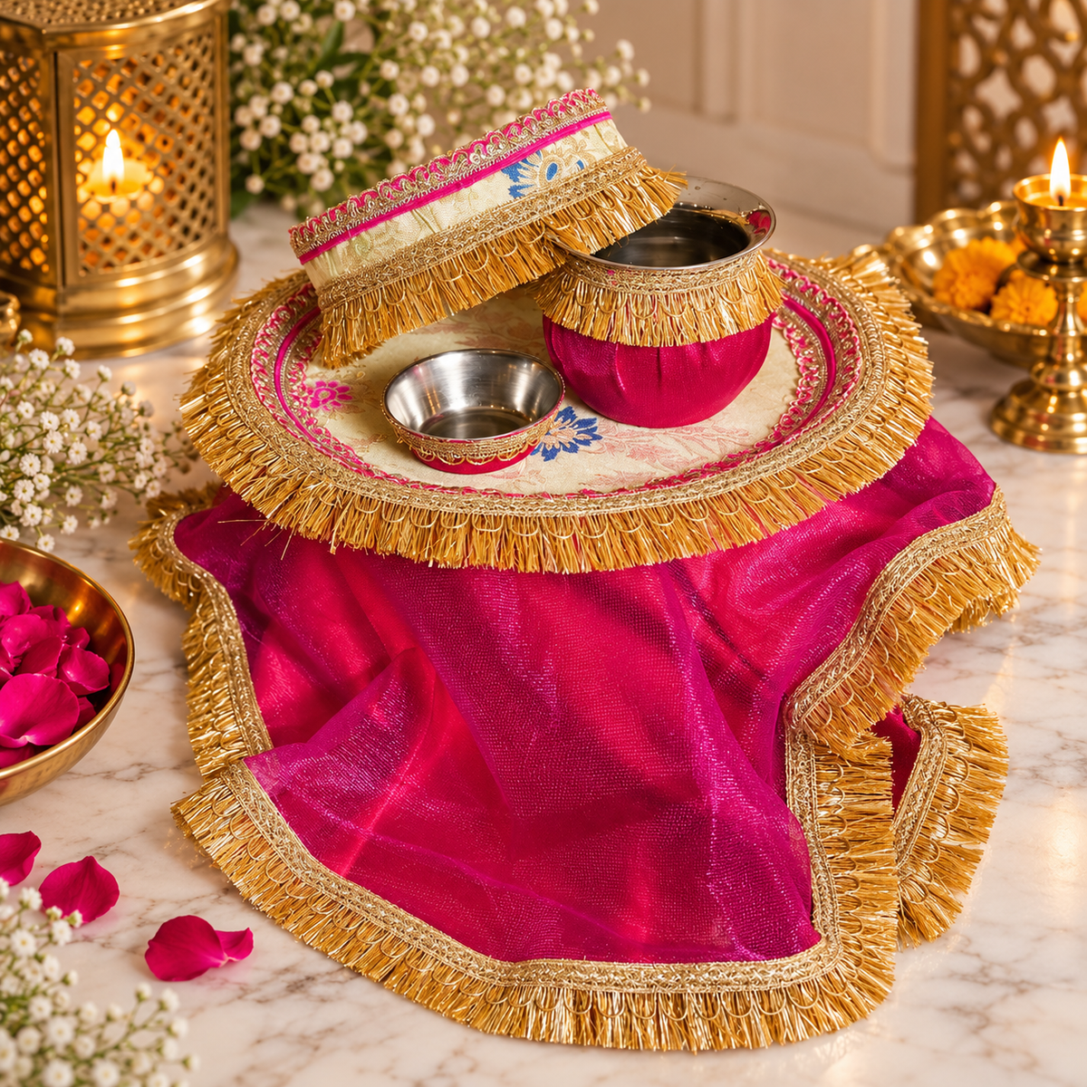 Green Contrast Karwa Chauth Thali Set