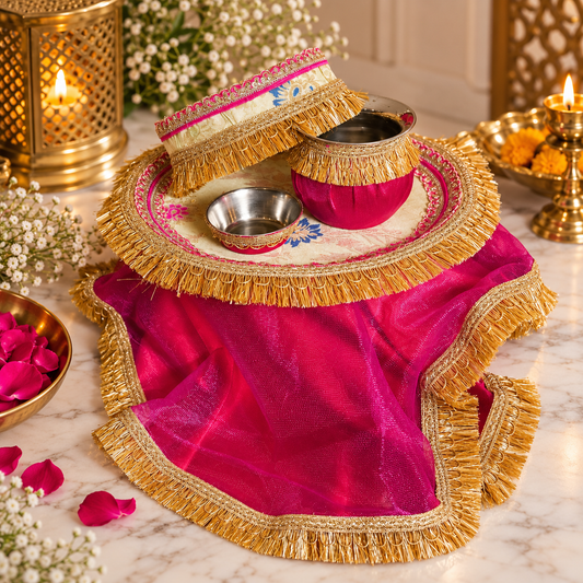 Green Contrast Karwa Chauth Thali Set