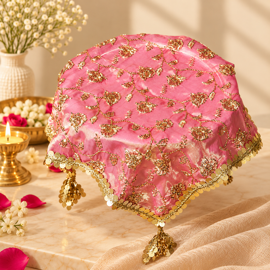 Peach Sqaure Embroidered Thali Cover