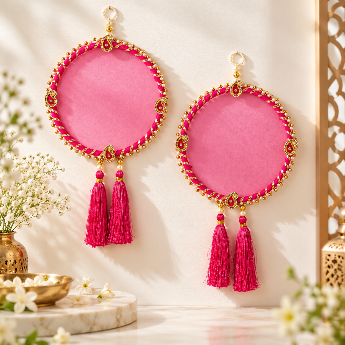 Pink decorative Karwa Chauth thali cover with golden pearl border
