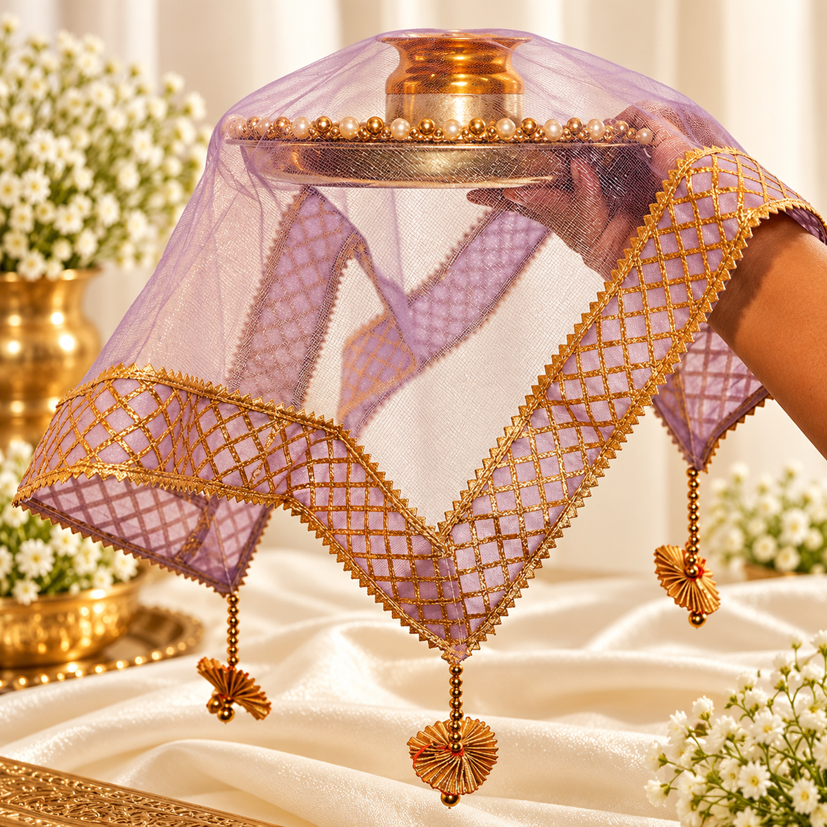 Lavender Sqaure Gota Patti Thali Cover