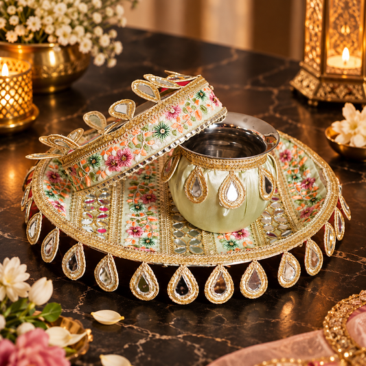 Mint Mirror Work Karwa Chauth Thali Set