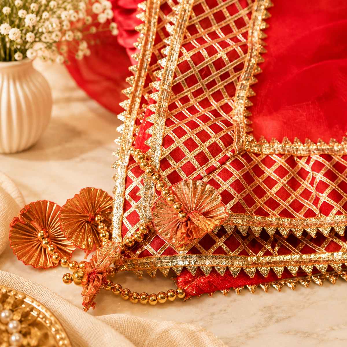 Red Sqaure Gota Patti Thali Cover