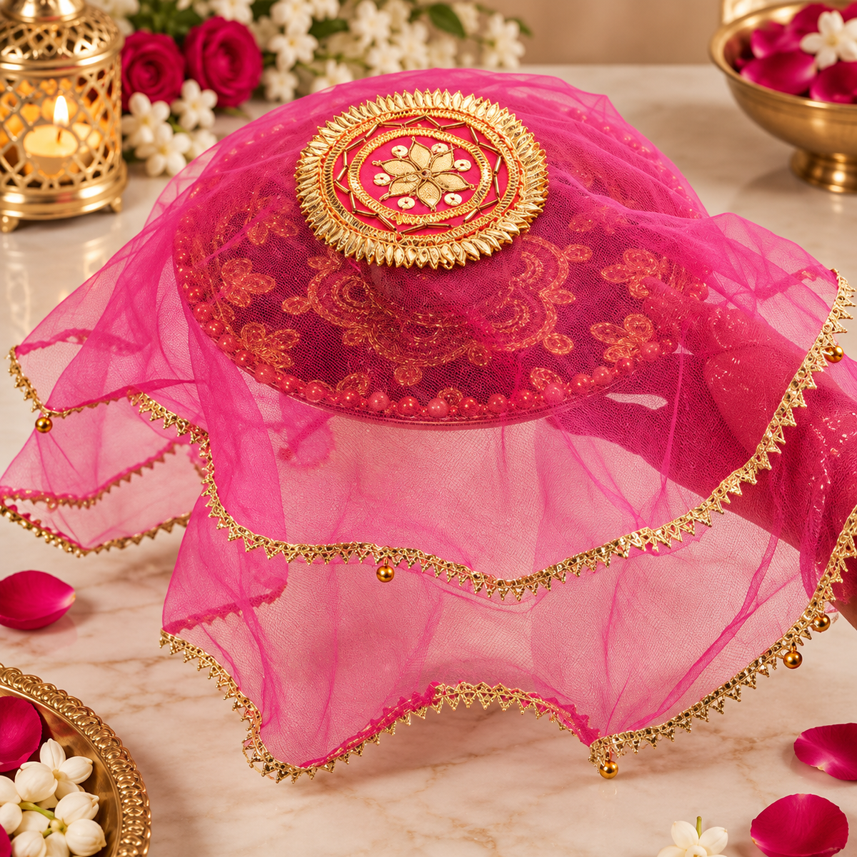Pink Gota Patti Round Thali Cover
