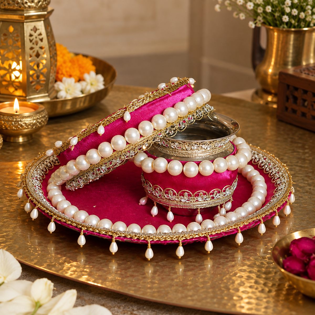 Pink Beaded Karwa Chauth Thali Set