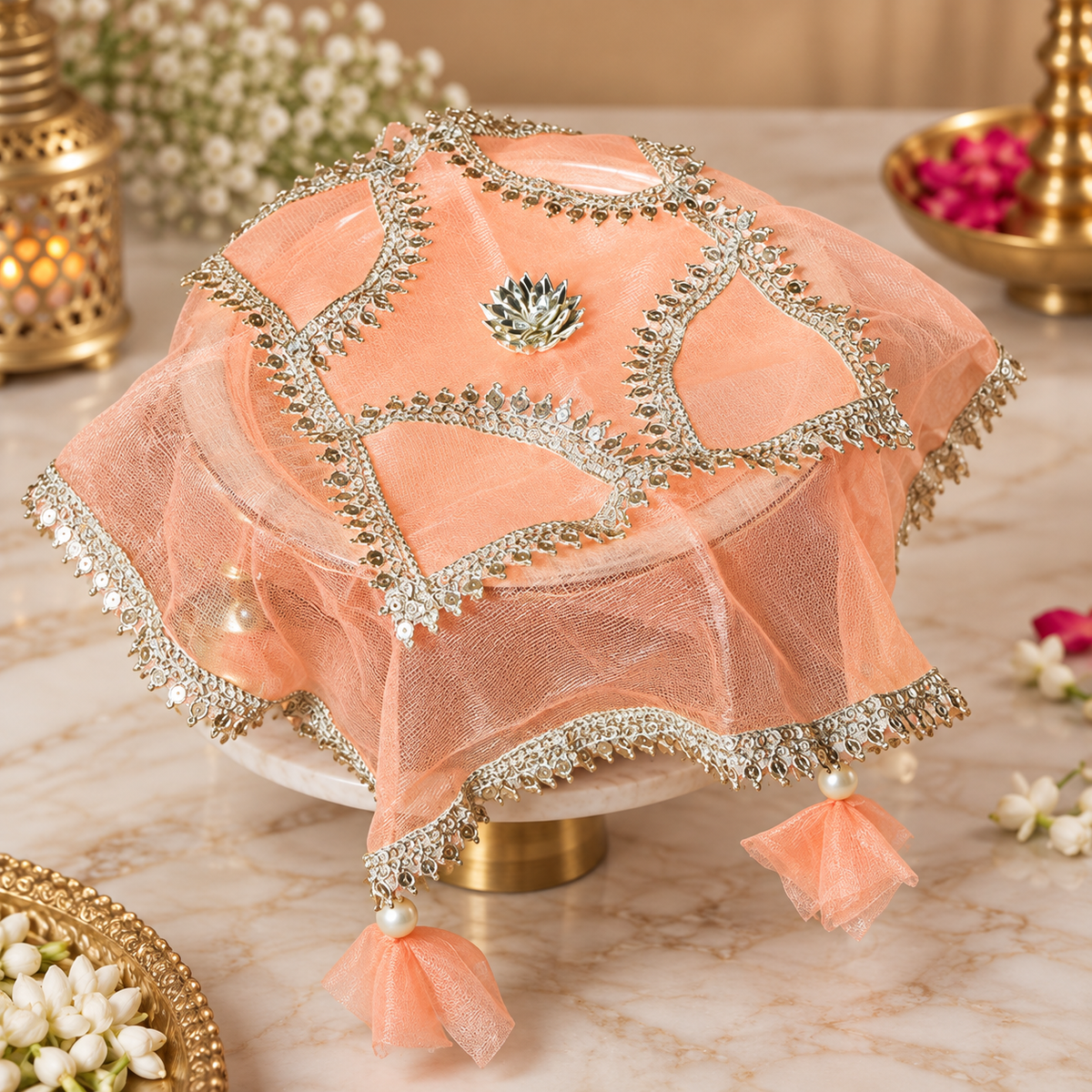 Peach Sqaure Designer Thali Cover