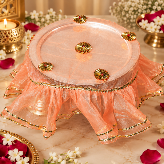 Peach Floral Round Frill Thali Cover