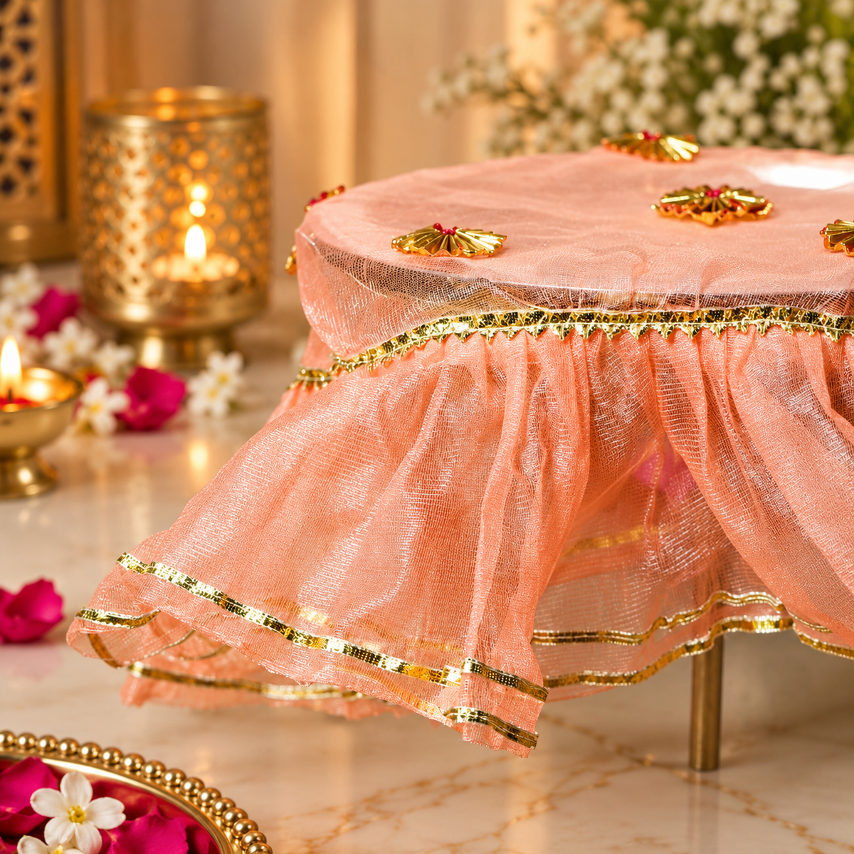 Peach Floral Round Frill Thali Cover