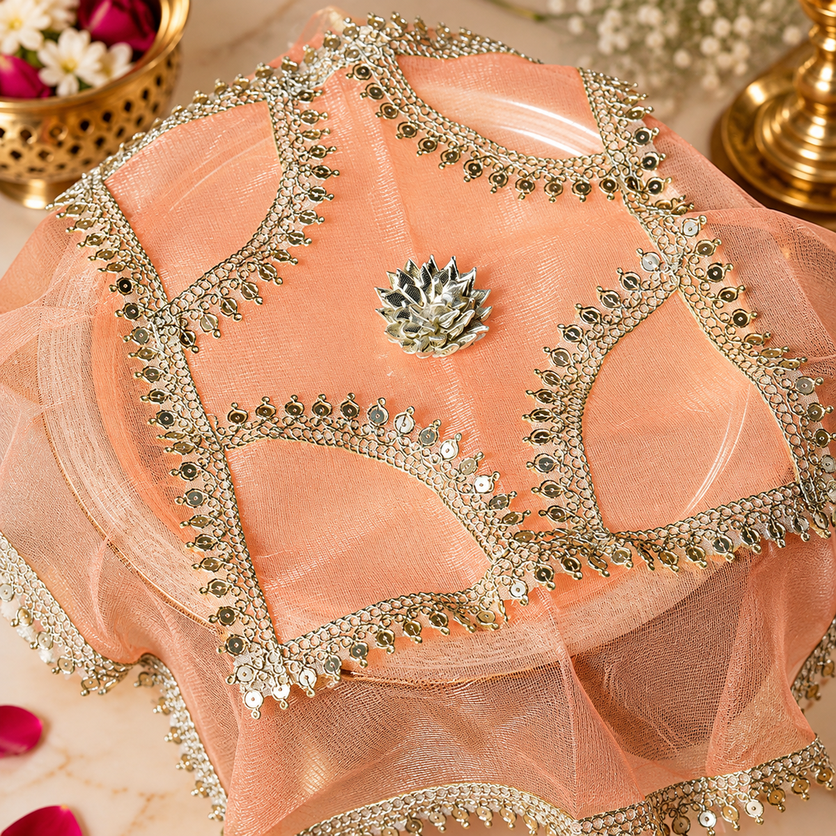 Peach Sqaure Designer Thali Cover