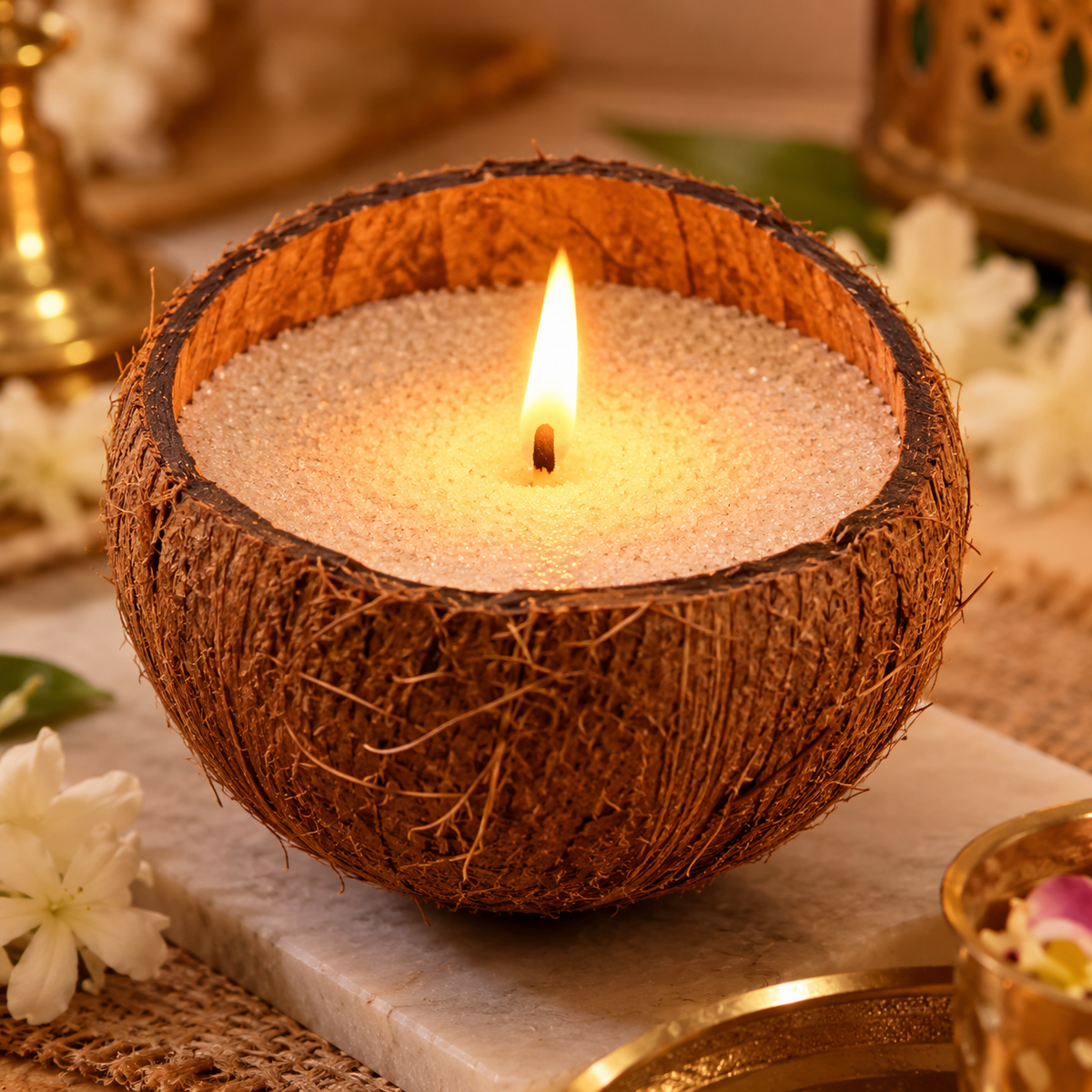 Farmaishy Premium Coconut Shell with Sand Wax Candle Set Of 2