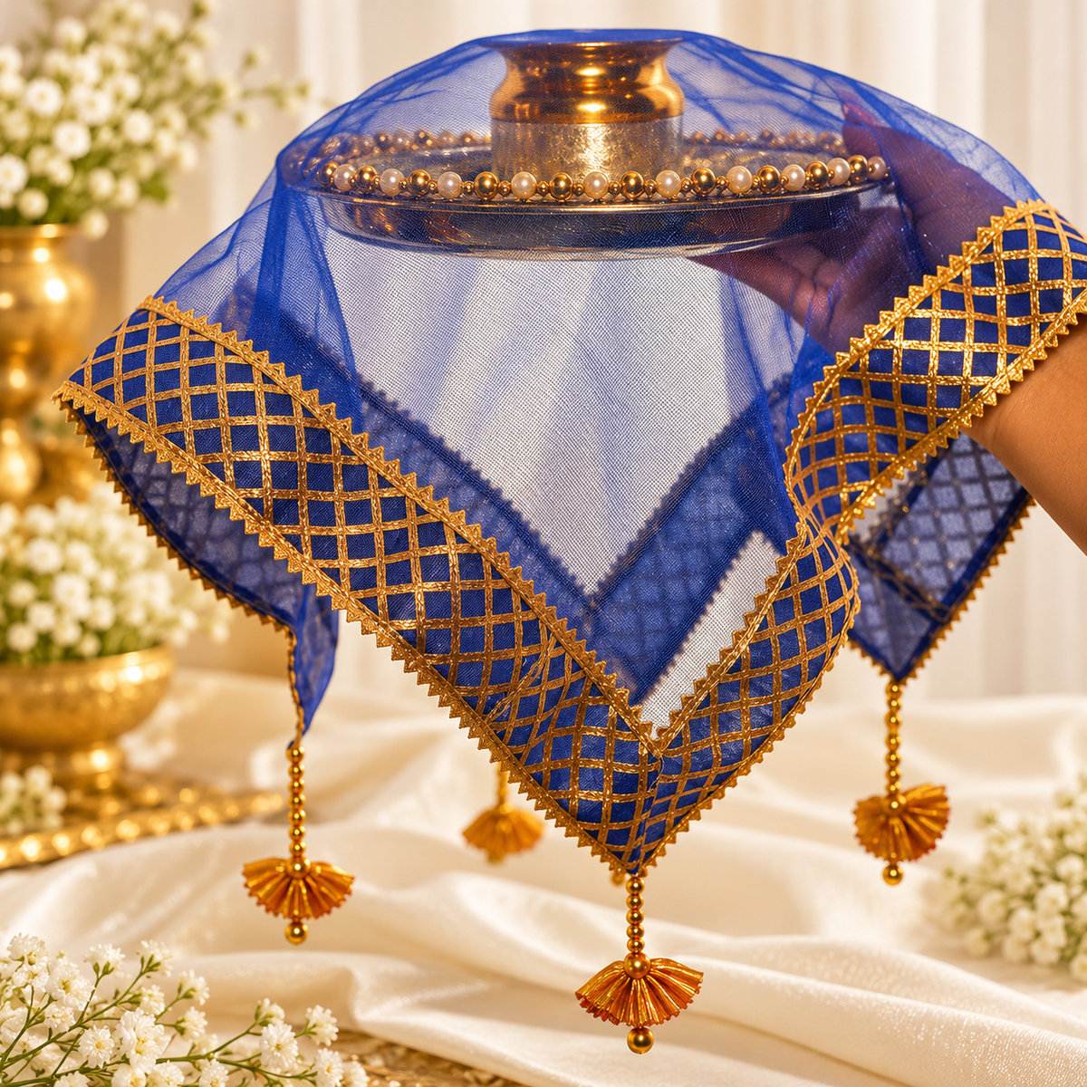 Blue Sqaure Gota Patti Thali Cover