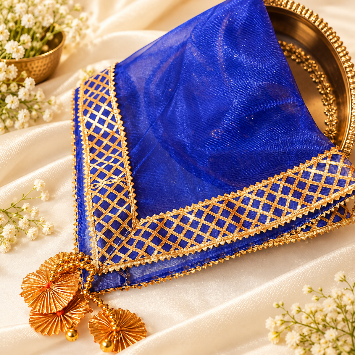 Blue Sqaure Gota Patti Thali Cover
