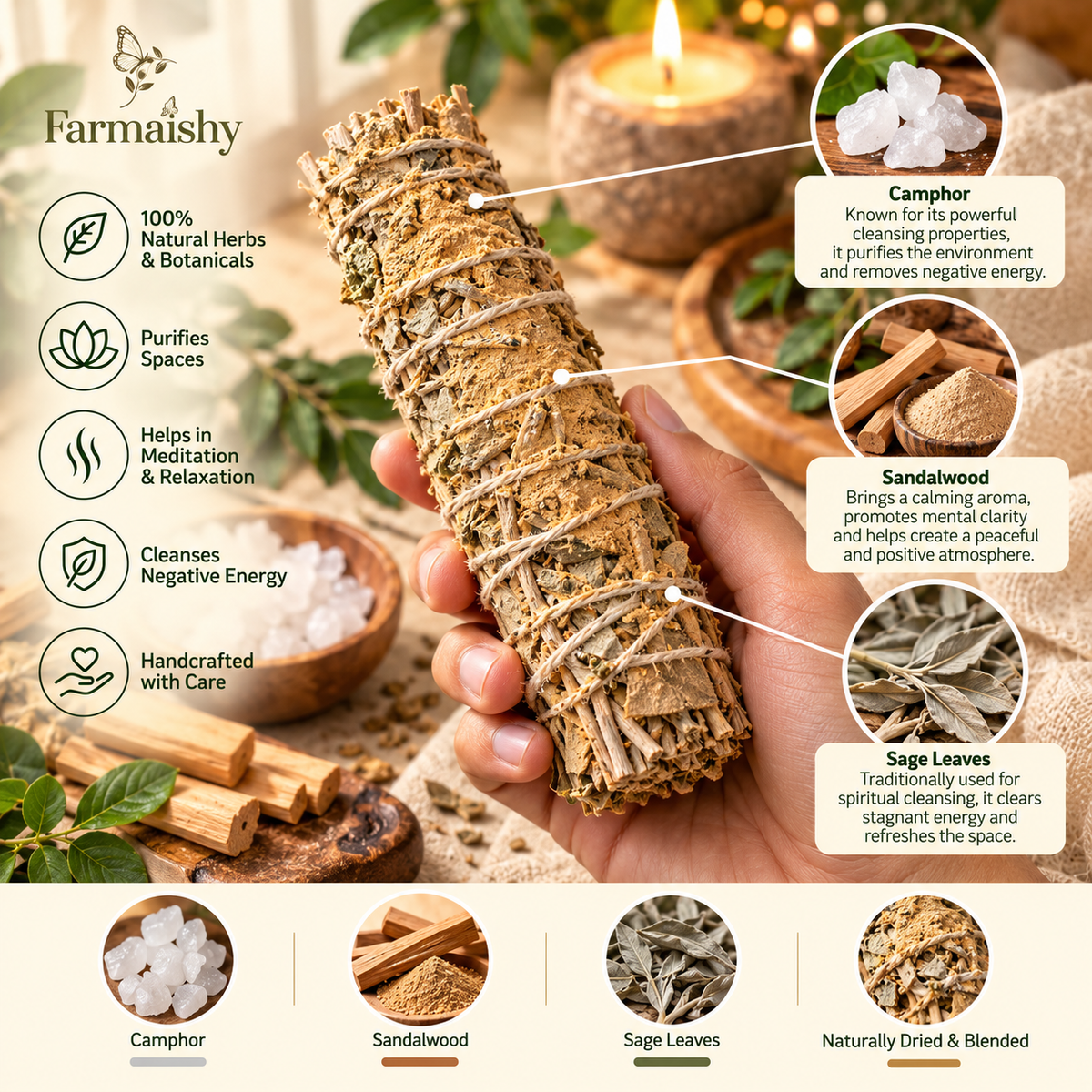 Farmaishy Natural Cleansing & Aromatic Herbal Camphor Sandalwood Smudge Sticks