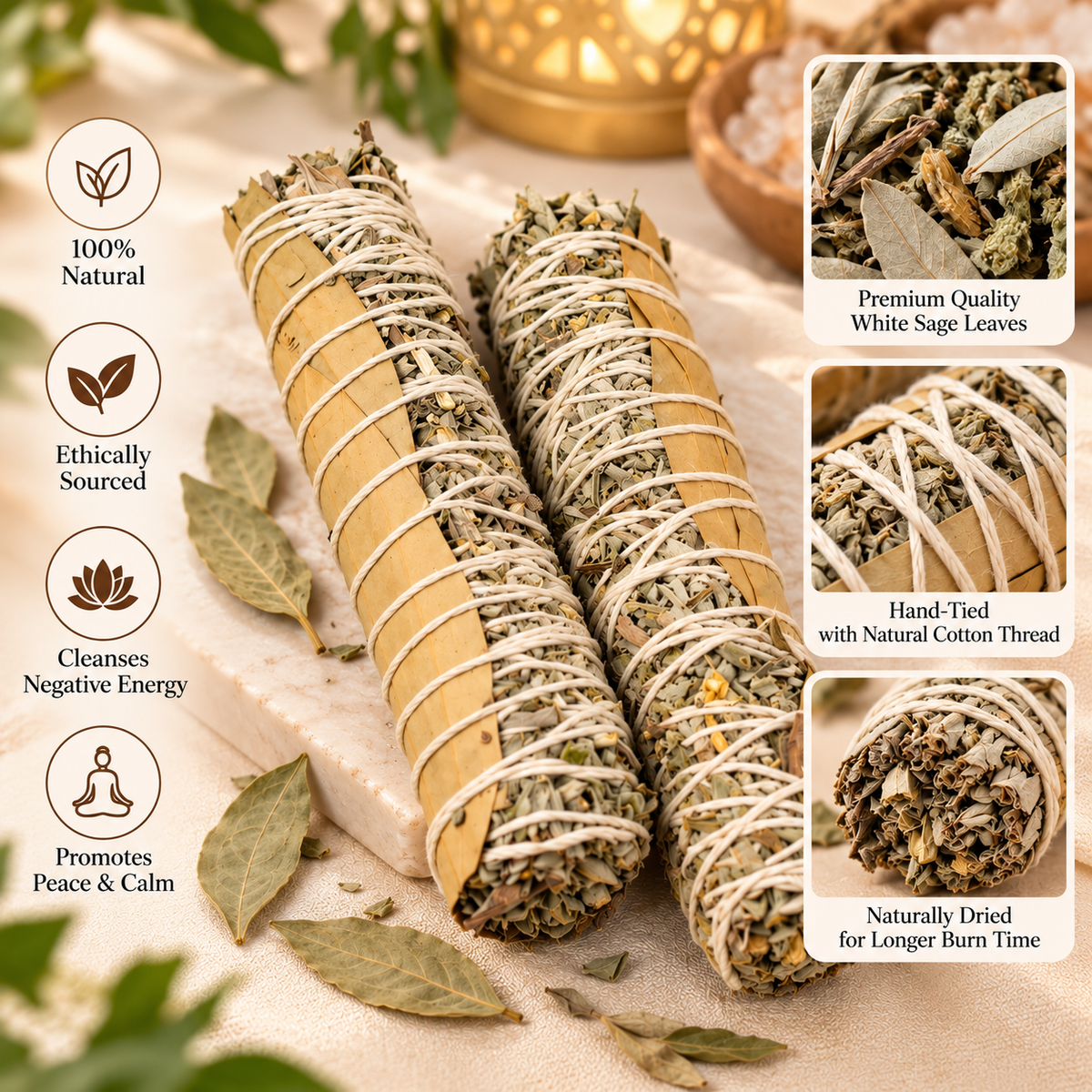 Farmaishy Natural Bay Leaf & Sage Smudge Stick for Cleansing