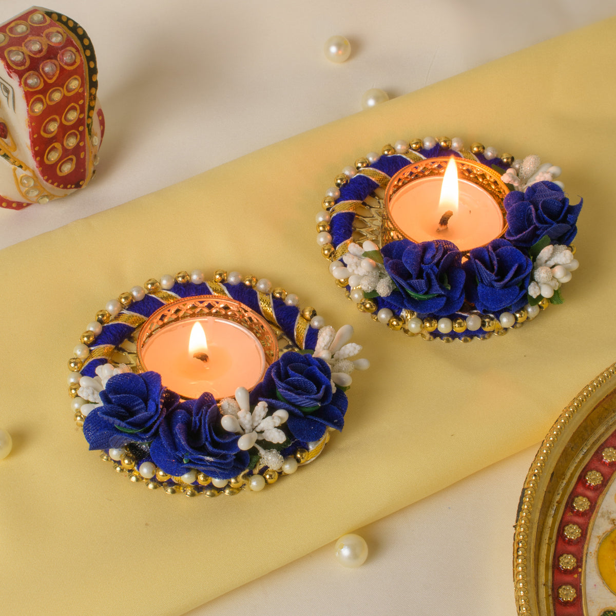 Blue Rose Decorative T-Light Candle Holders with Golden Pearl Border – Set of 2