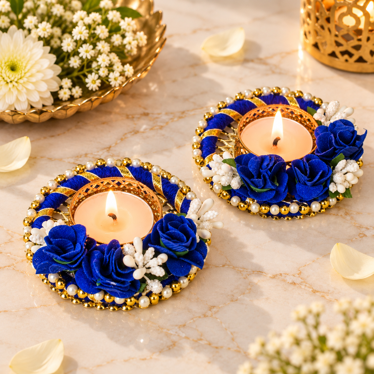 Blue Rose Decorative T-Light Candle Holders with Golden Pearl Border – Set of 2