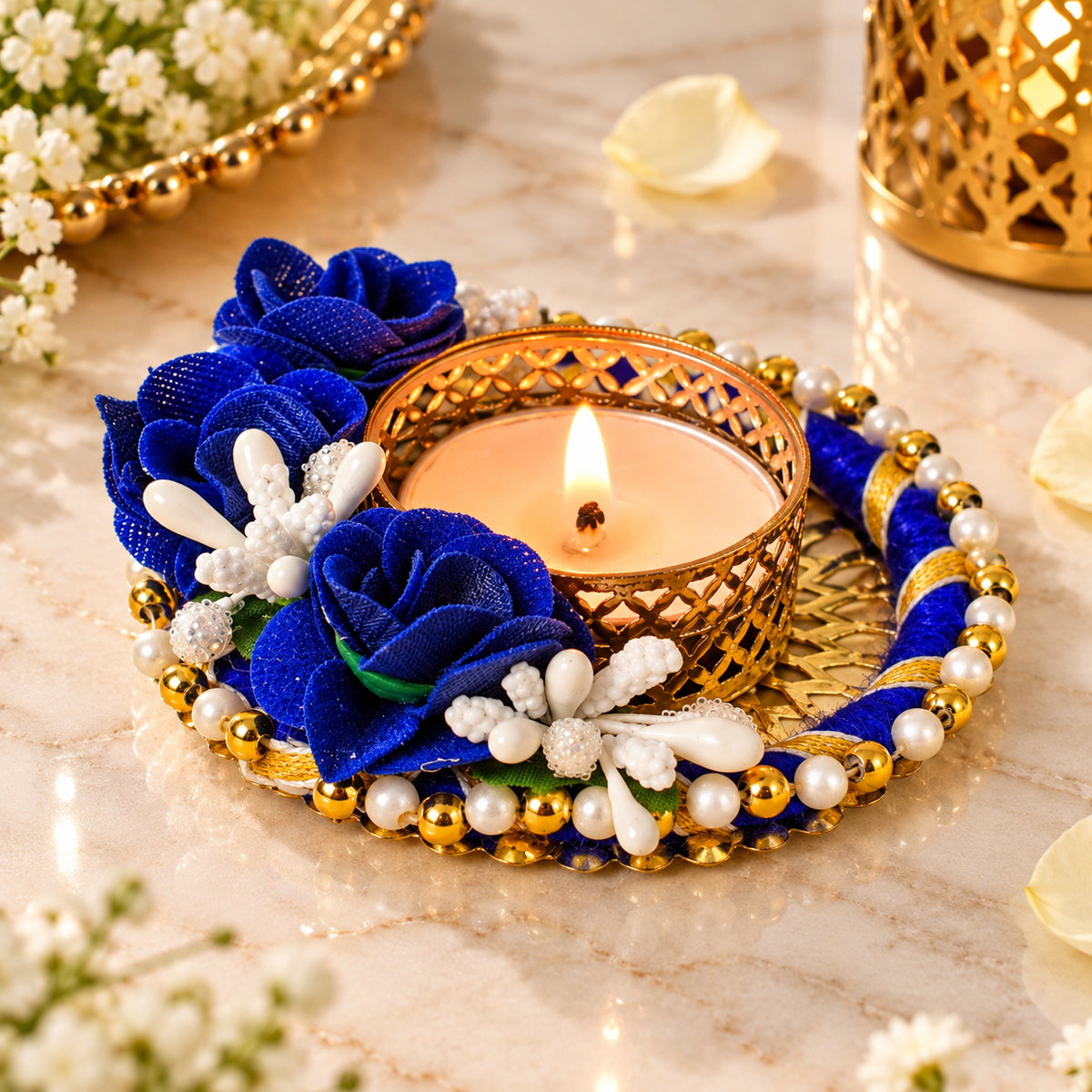 Blue Rose Decorative T-Light Candle Holders with Golden Pearl Border – Set of 2