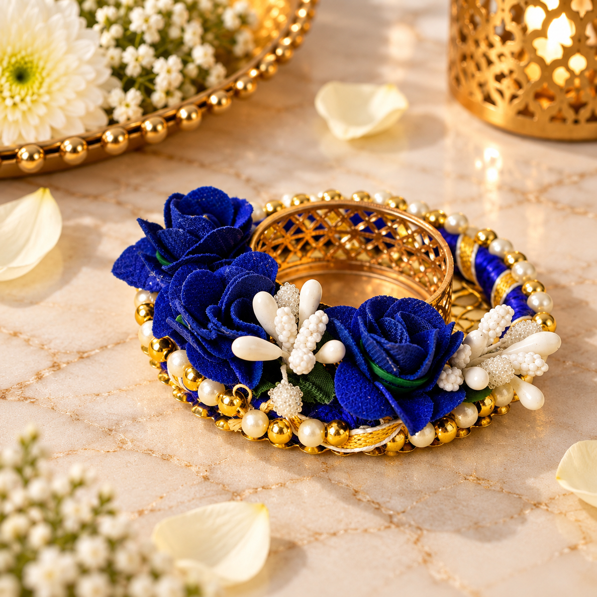 Blue Rose Decorative T-Light Candle Holders with Golden Pearl Border – Set of 2