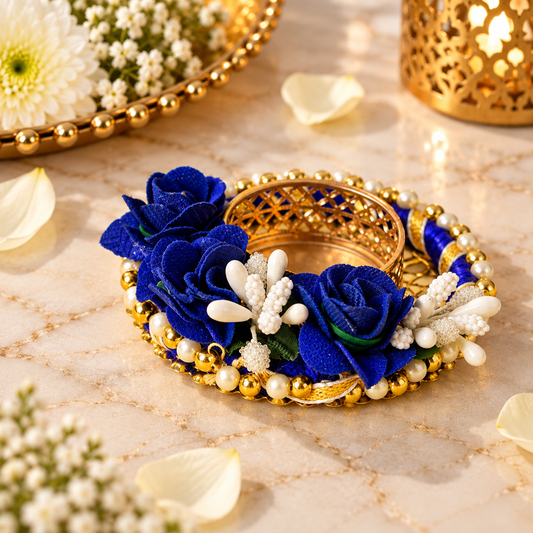 Blue Rose Decorative T-Light Candle Holders with Golden Pearl Border – Set of 2