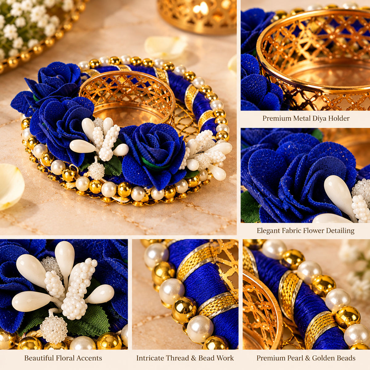 Blue Rose Decorative T-Light Candle Holders with Golden Pearl Border – Set of 2