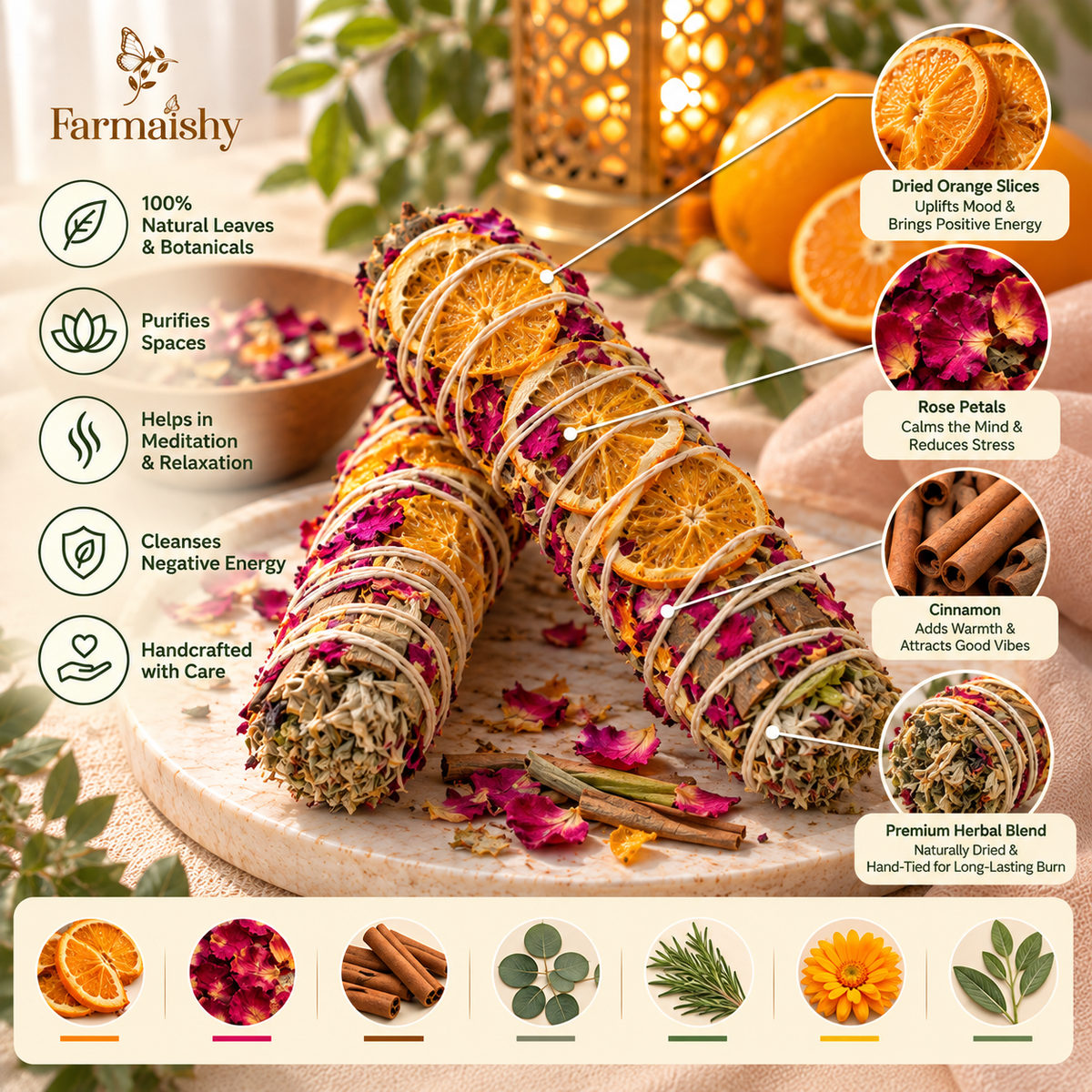Farmaishy Rose, Orange & Cinnamon Botanical Smudge sage Stick for Home Cleansing