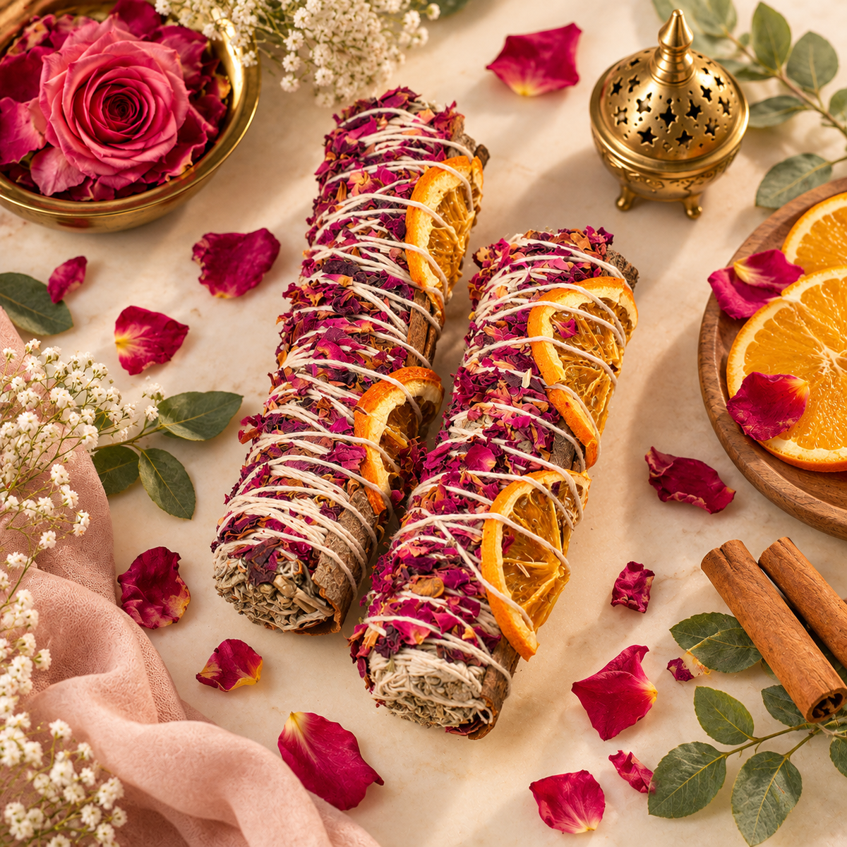 Farmaishy Rose, Orange & Cinnamon Botanical Smudge sage Stick for Home Cleansing