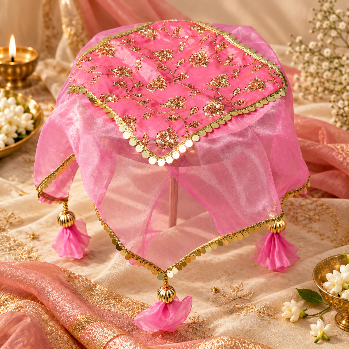 Pink Embroidery Designer Thali Cover