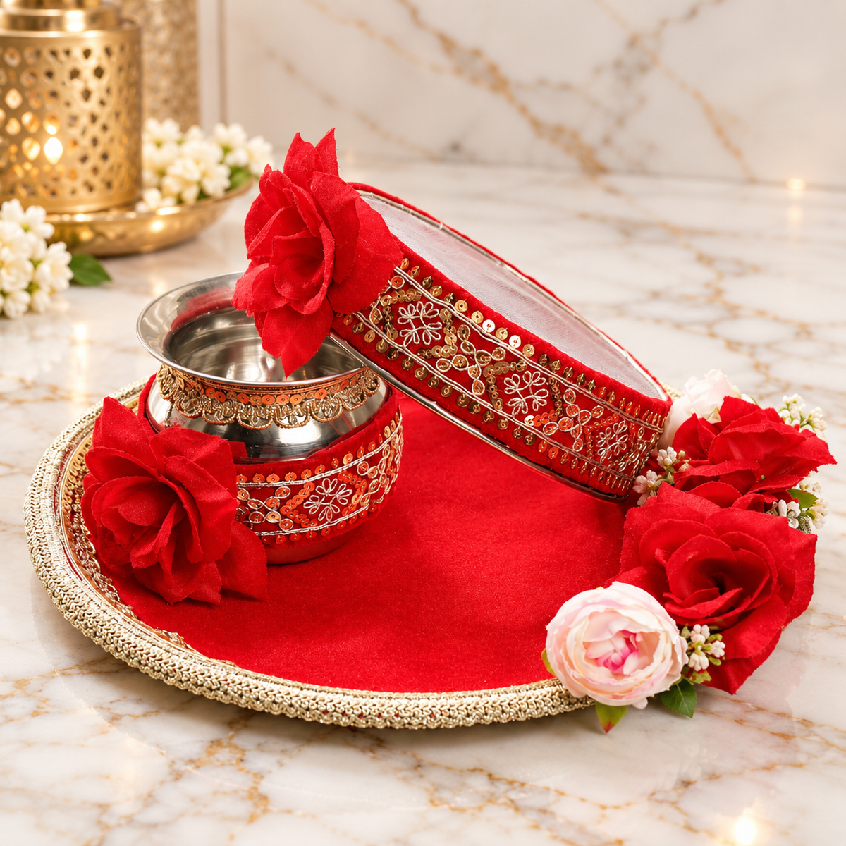 floral red karwa chauth thali set