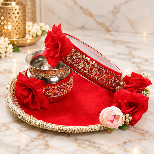 floral red karwa chauth thali set