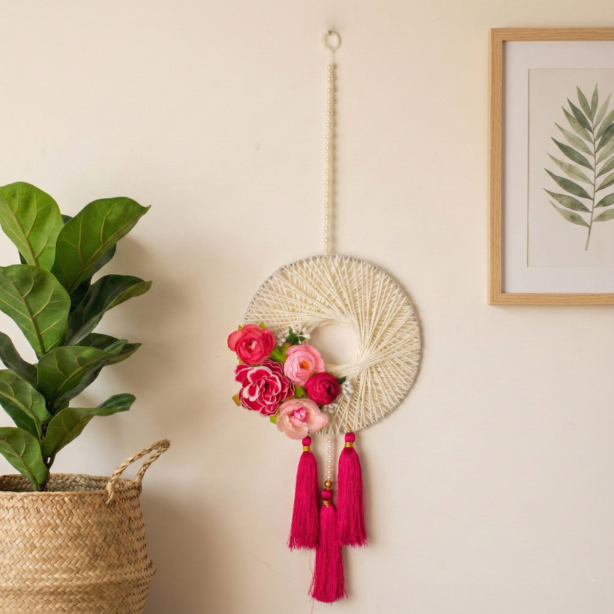 Floral Wall Hanging with Pink Tassels – Decorative Boho Wall Decor
