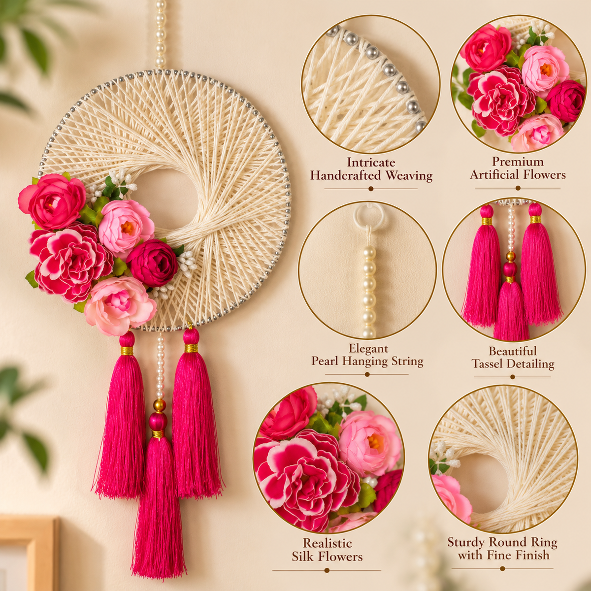 Floral Wall Hanging with Pink Tassels – Decorative Boho Wall Decor