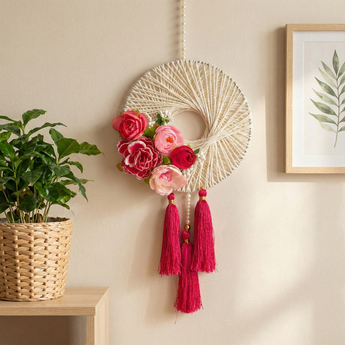 Floral Wall Hanging with Pink Tassels – Decorative Boho Wall Decor