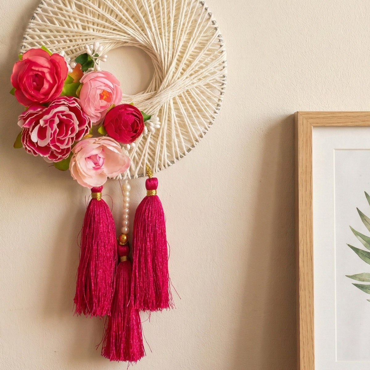 Floral Wall Hanging with Pink Tassels – Decorative Boho Wall Decor